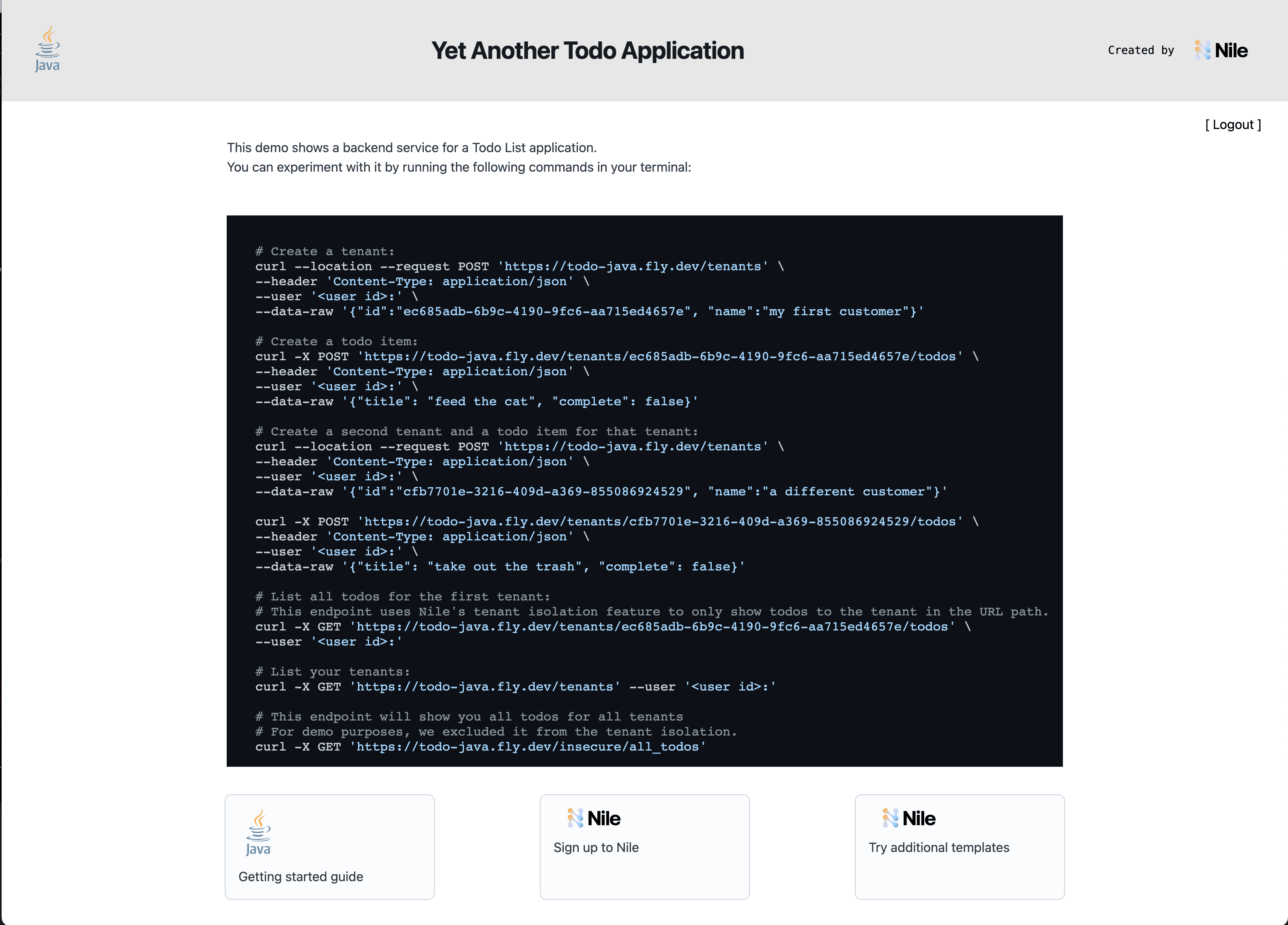 screen shot for Java multi-tenant application with Nile template